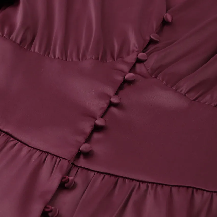 Lantern Bubble Sleeve Satin Midi Dresses Brown