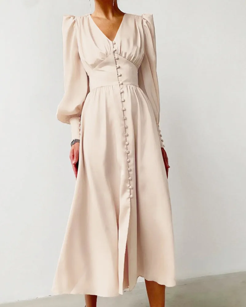 Lantern Bubble Sleeve Satin Midi Dresses Brown