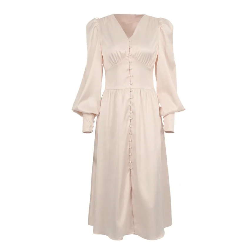 Lantern Bubble Sleeve Satin Midi Dresses Brown