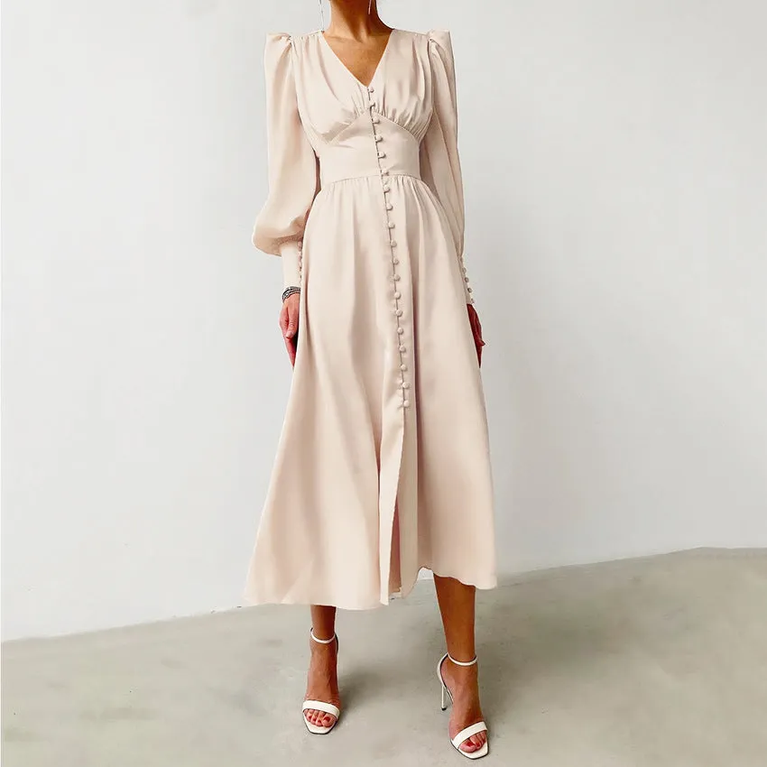 Lantern Bubble Sleeve Satin Midi Dresses Brown