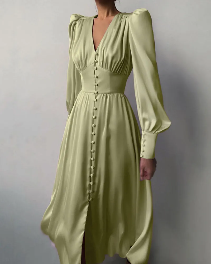 Lantern Bubble Sleeve Satin Midi Dresses Brown