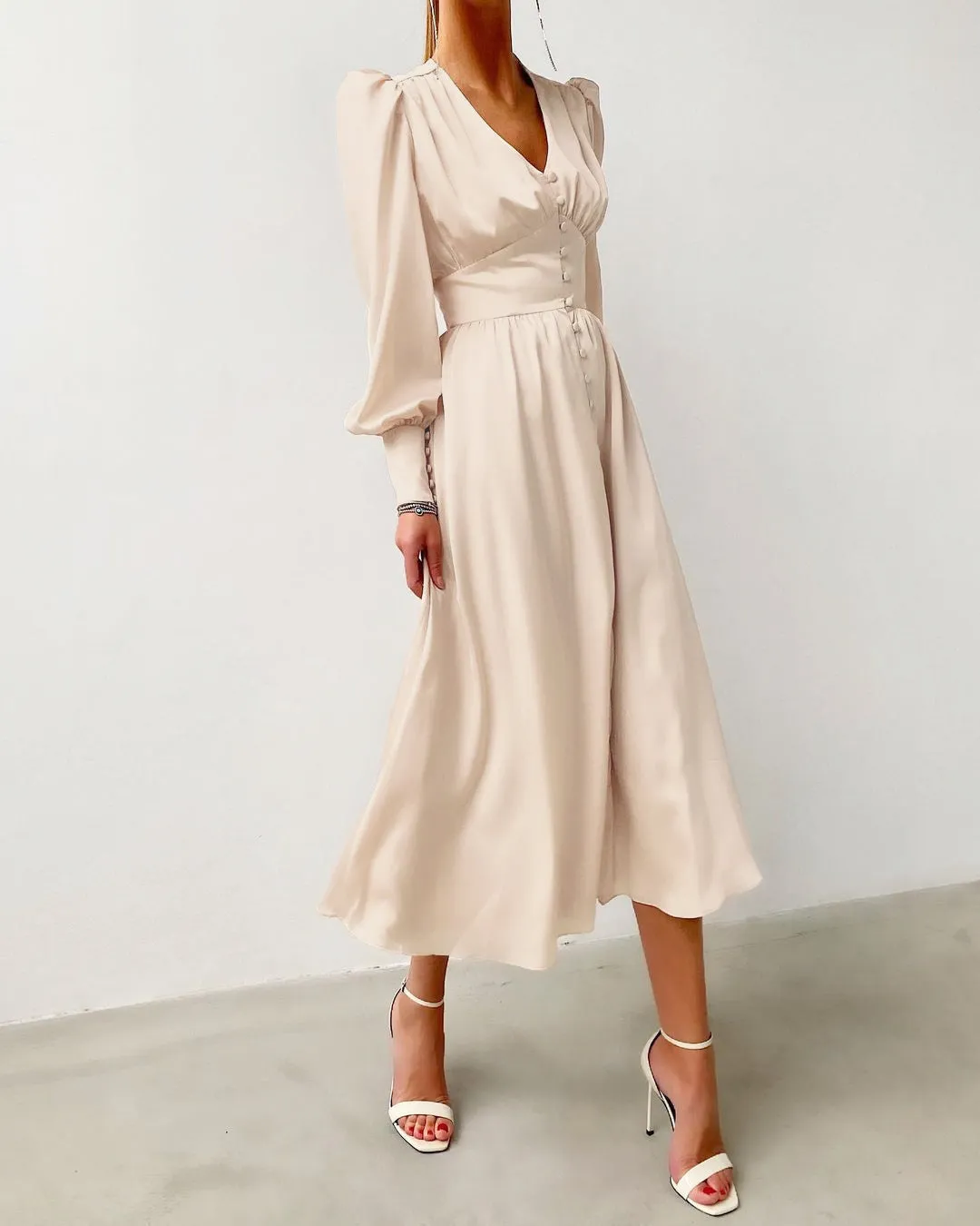 Lantern Bubble Sleeve Satin Midi Dresses Brown