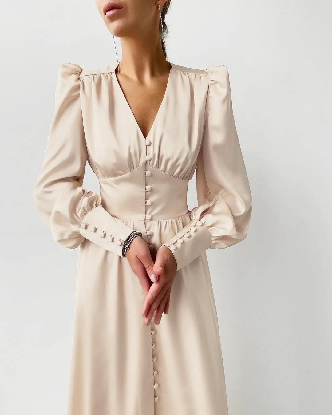 Lantern Bubble Sleeve Satin Midi Dresses Brown