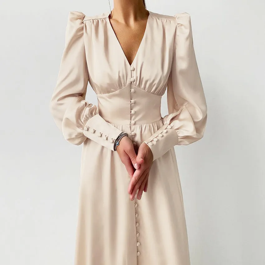 Lantern Bubble Sleeve Satin Midi Dresses Brown