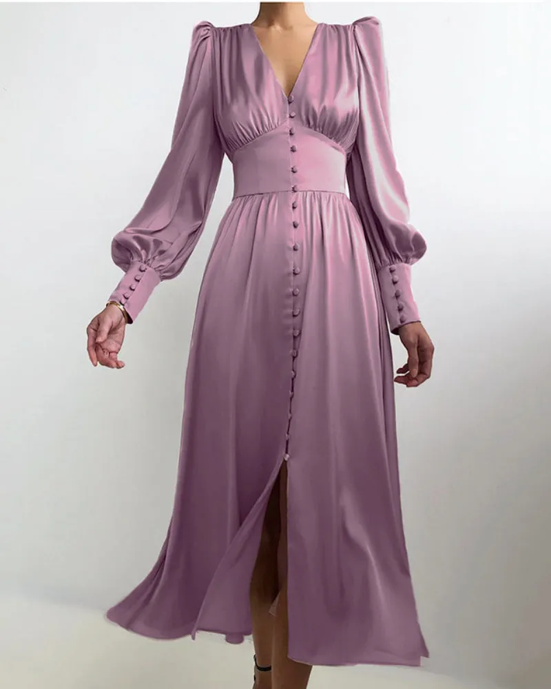 Lantern Bubble Sleeve Satin Midi Dresses Brown