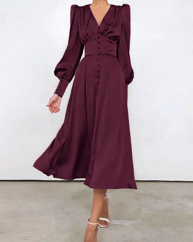 Lantern Bubble Sleeve Satin Midi Dresses Brown