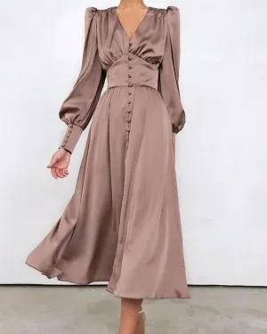 Lantern Bubble Sleeve Satin Midi Dresses Brown