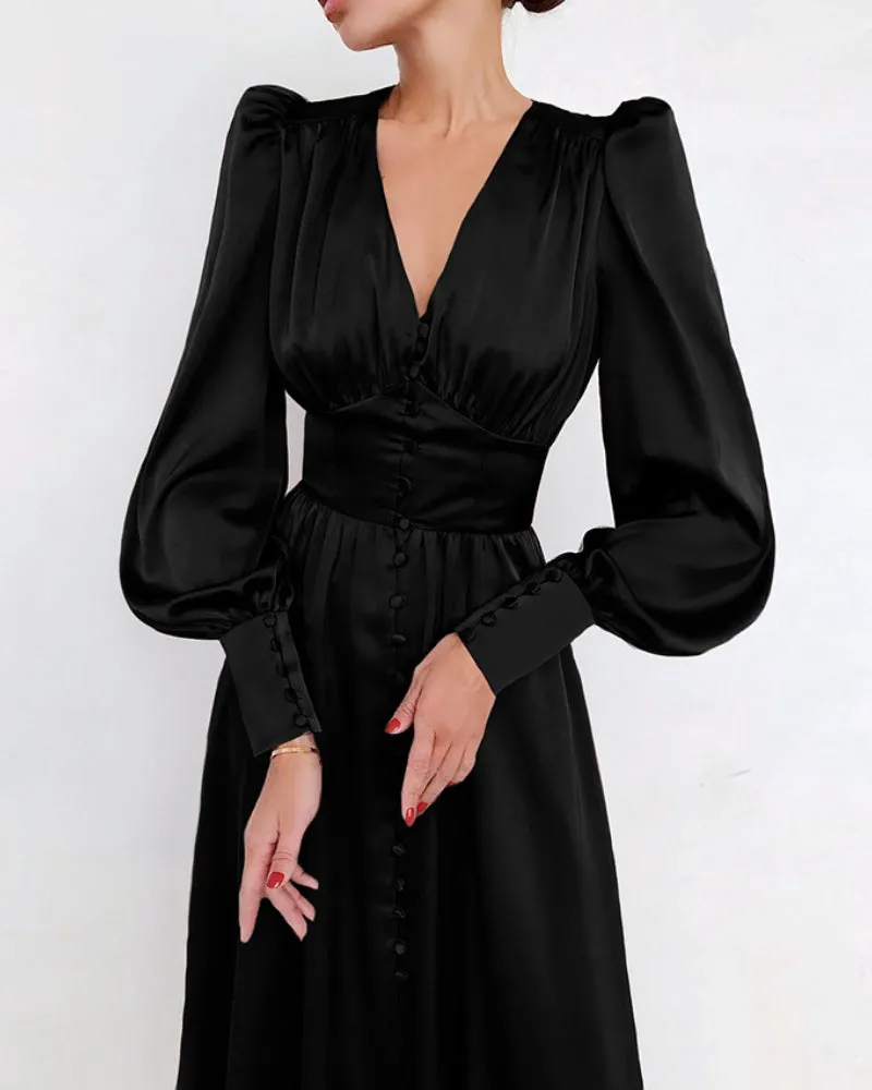 Lantern Bubble Sleeve Satin Midi Dresses Brown