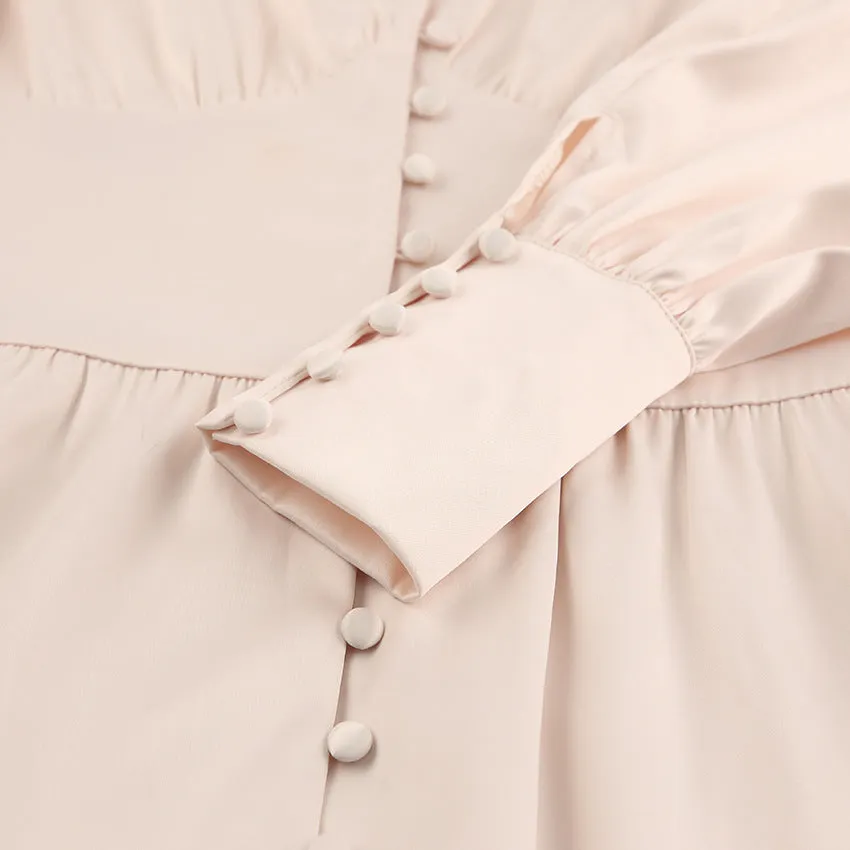 Lantern Bubble Sleeve Satin Midi Dresses Brown