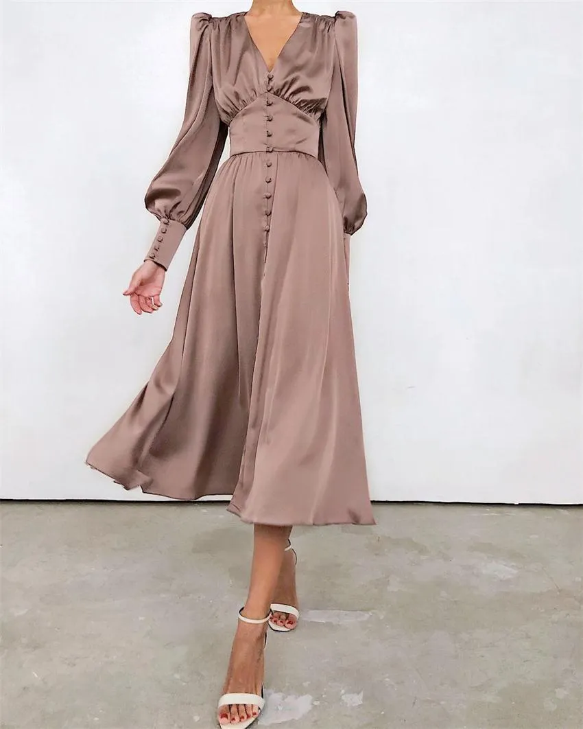 Lantern Bubble Sleeve Satin Midi Dresses Brown