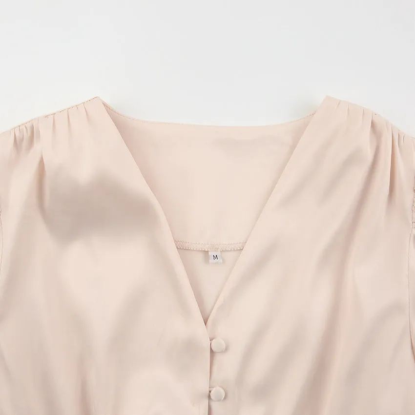 Lantern Bubble Sleeve Satin Midi Dresses Brown