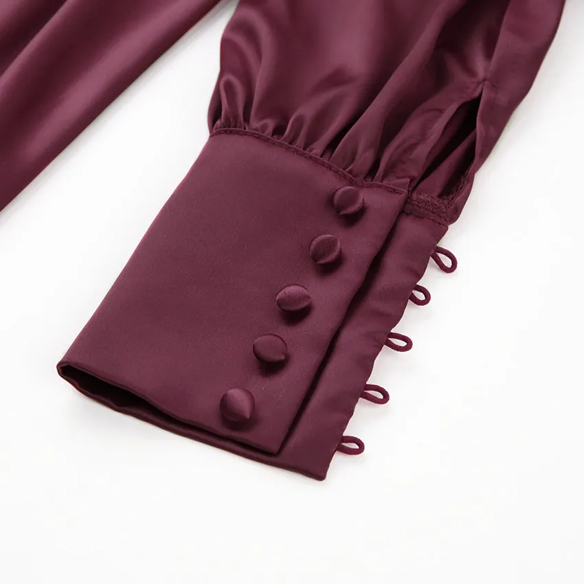 Lantern Bubble Sleeve Satin Midi Dresses Brown