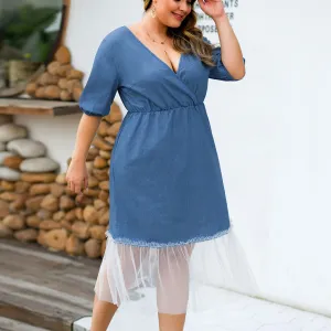 Lantern Sleeve V-neck High Waist Mesh Stitching Large Size Women's Denim Dress