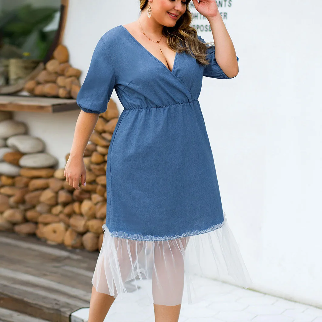 Lantern Sleeve V-neck High Waist Mesh Stitching Large Size Women's Denim Dress