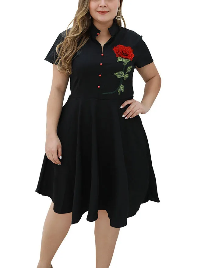 Large Size Women's Black Retro Long Embroidered Applique Short-sleeved Dress