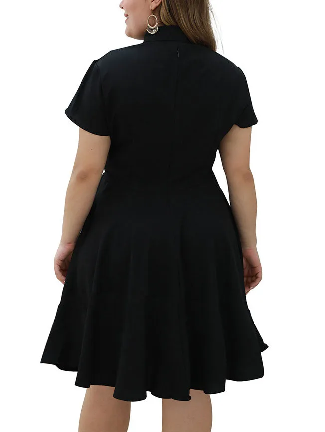 Large Size Women's Black Retro Long Embroidered Applique Short-sleeved Dress