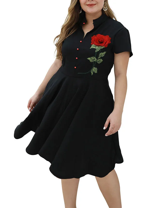 Large Size Women's Black Retro Long Embroidered Applique Short-sleeved Dress