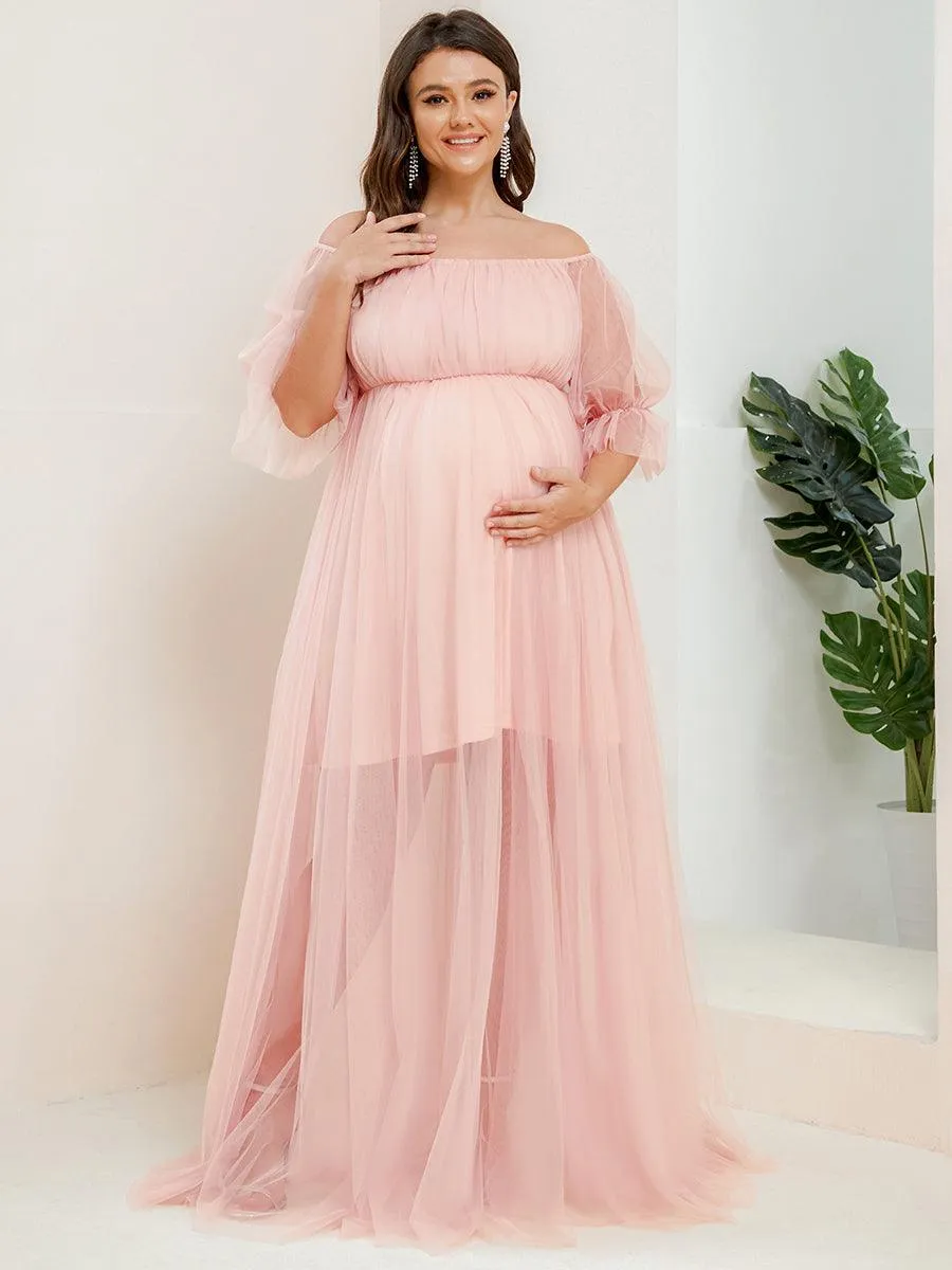 Maxi robe de maternité en tulle plissé à épaules dénudées