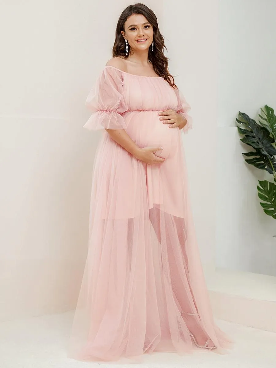 Maxi robe de maternité en tulle plissé à épaules dénudées