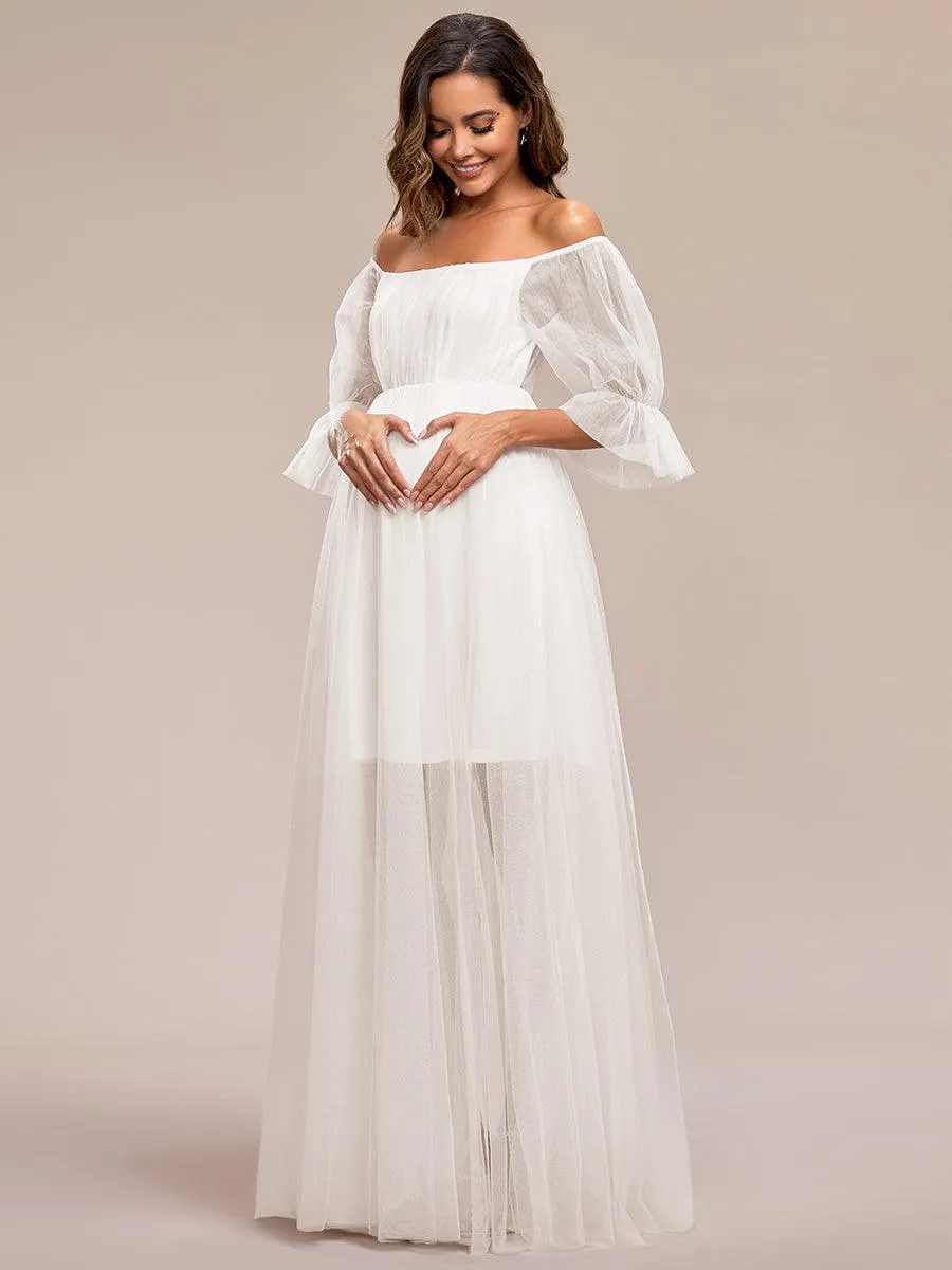 Maxi robe de maternité en tulle plissé à épaules dénudées