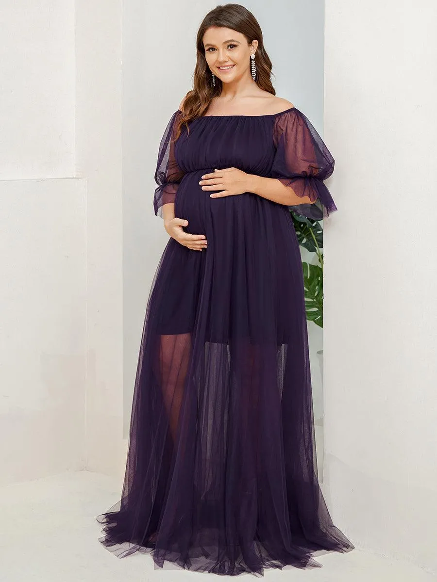 Maxi robe de maternité en tulle plissé à épaules dénudées