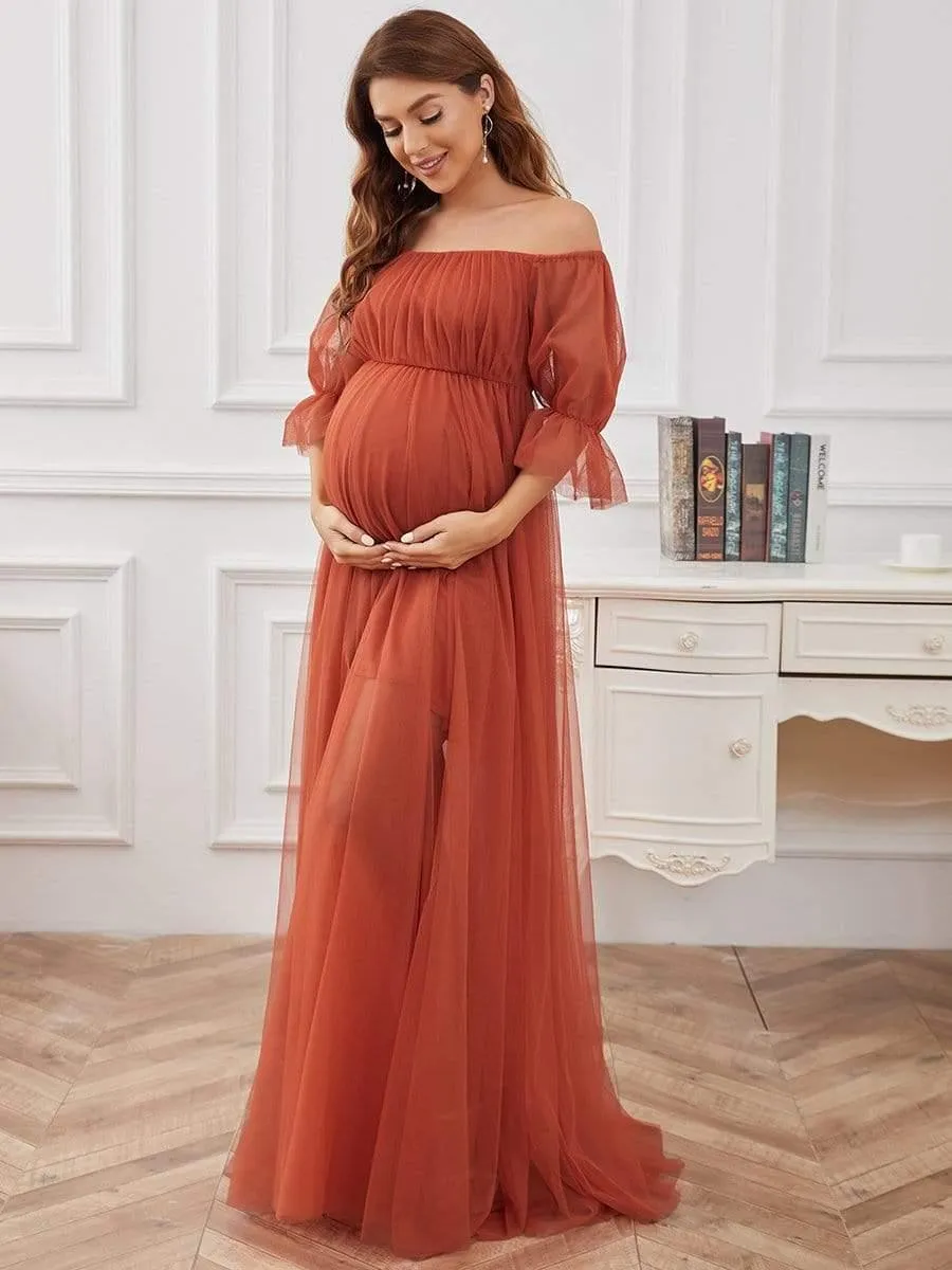 Maxi robe de maternité en tulle plissé à épaules dénudées