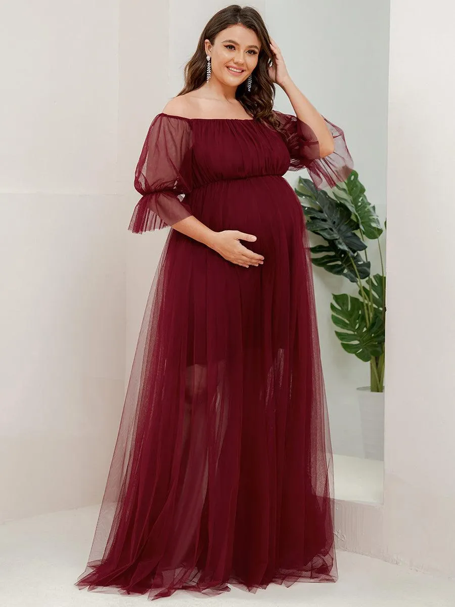 Maxi robe de maternité en tulle plissé à épaules dénudées