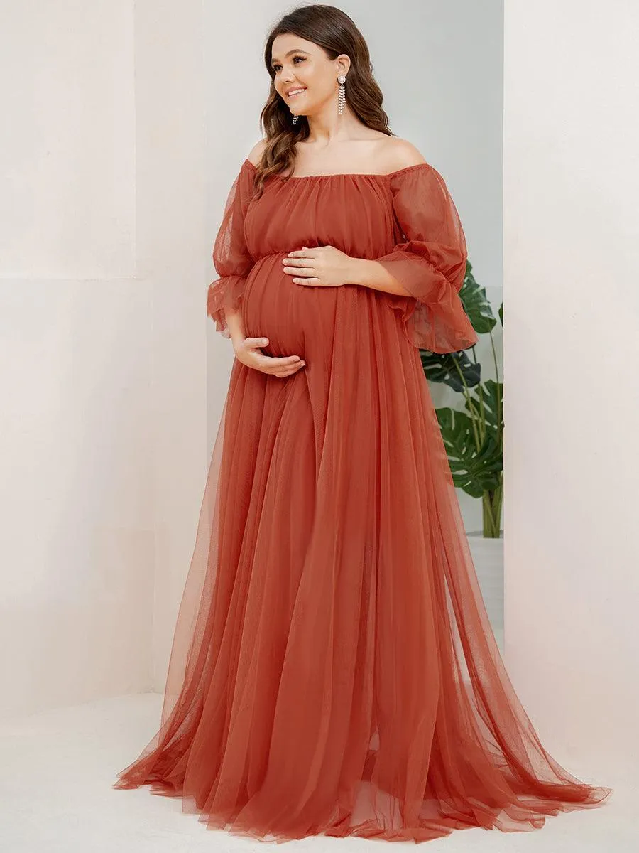 Maxi robe de maternité en tulle plissé à épaules dénudées