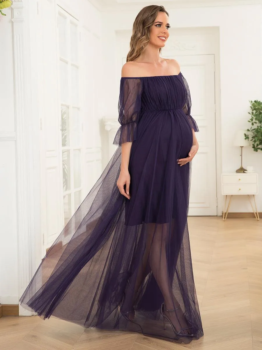 Maxi robe de maternité en tulle plissé à épaules dénudées