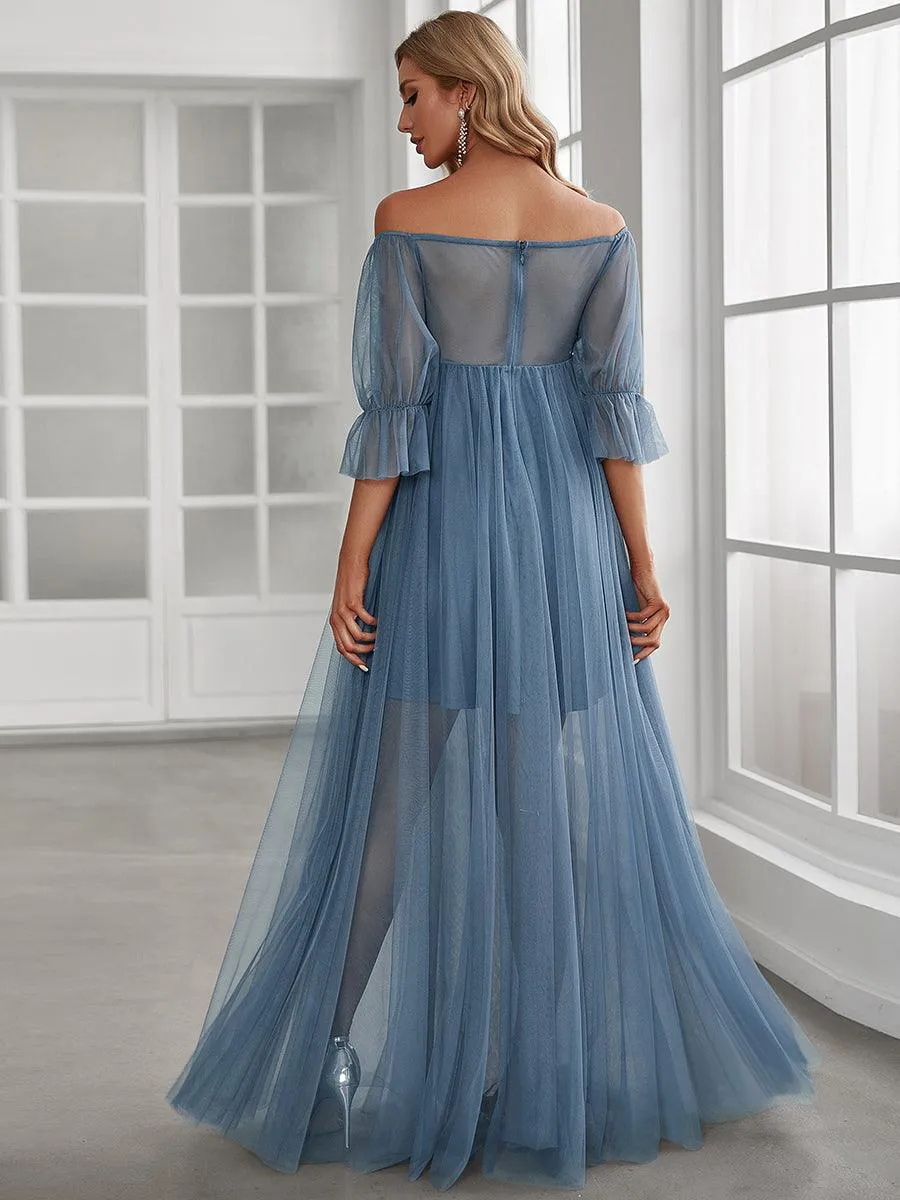 Maxi robe de maternité en tulle plissé à épaules dénudées