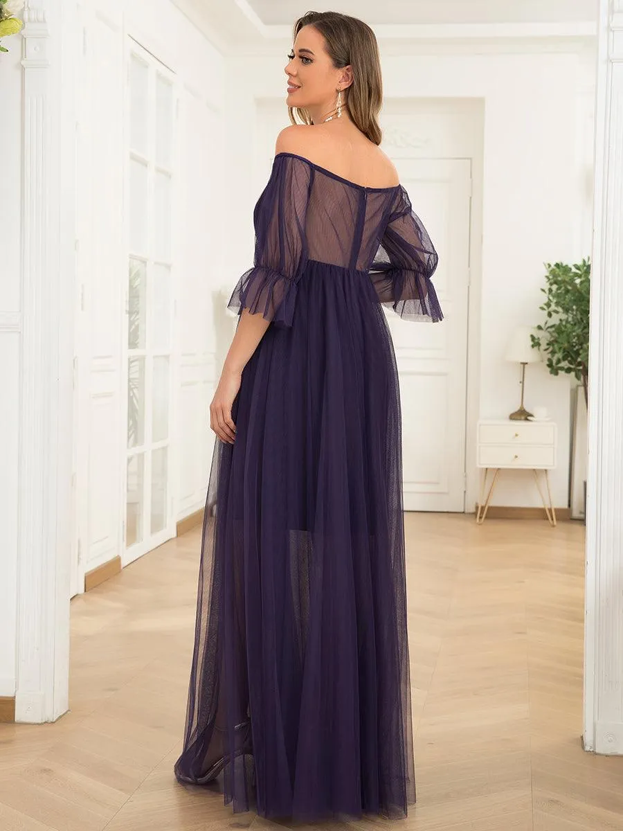 Maxi robe de maternité en tulle plissé à épaules dénudées