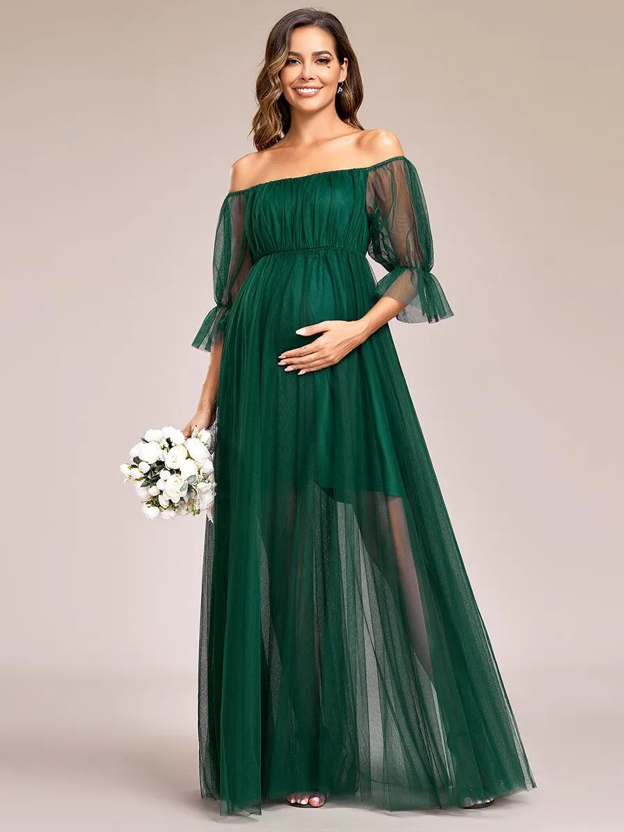 Maxi robe de maternité en tulle plissé à épaules dénudées