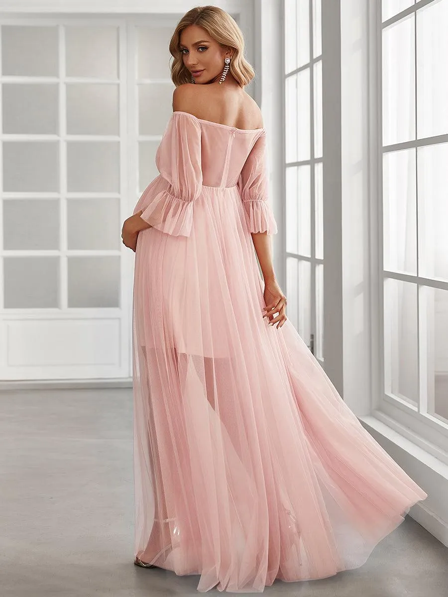 Maxi robe de maternité en tulle plissé à épaules dénudées