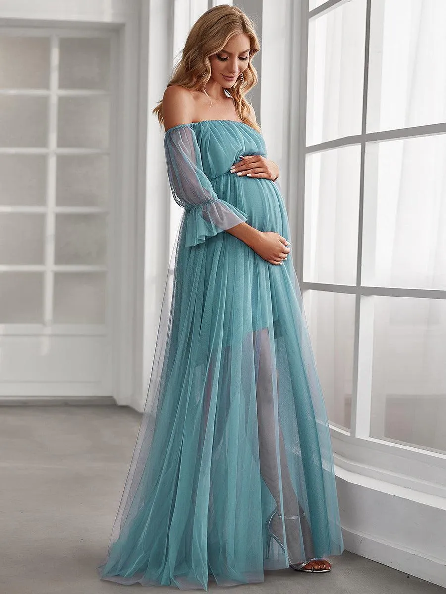 Maxi robe de maternité en tulle plissé à épaules dénudées