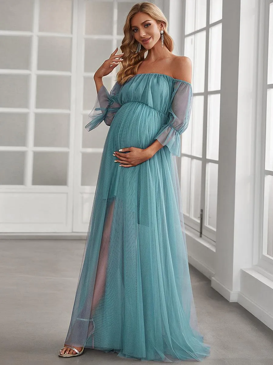 Maxi robe de maternité en tulle plissé à épaules dénudées