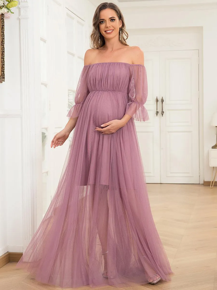 Maxi robe de maternité en tulle plissé à épaules dénudées