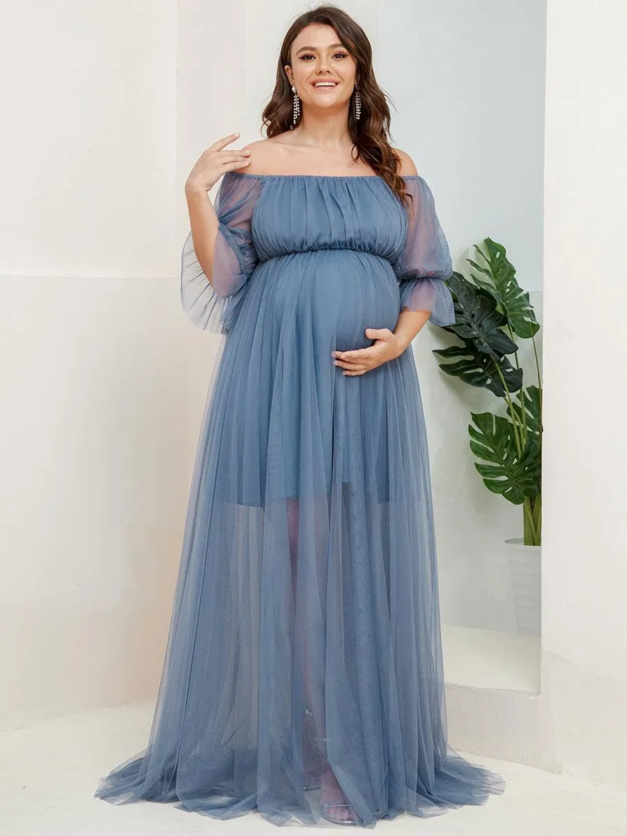 Maxi robe de maternité en tulle plissé à épaules dénudées