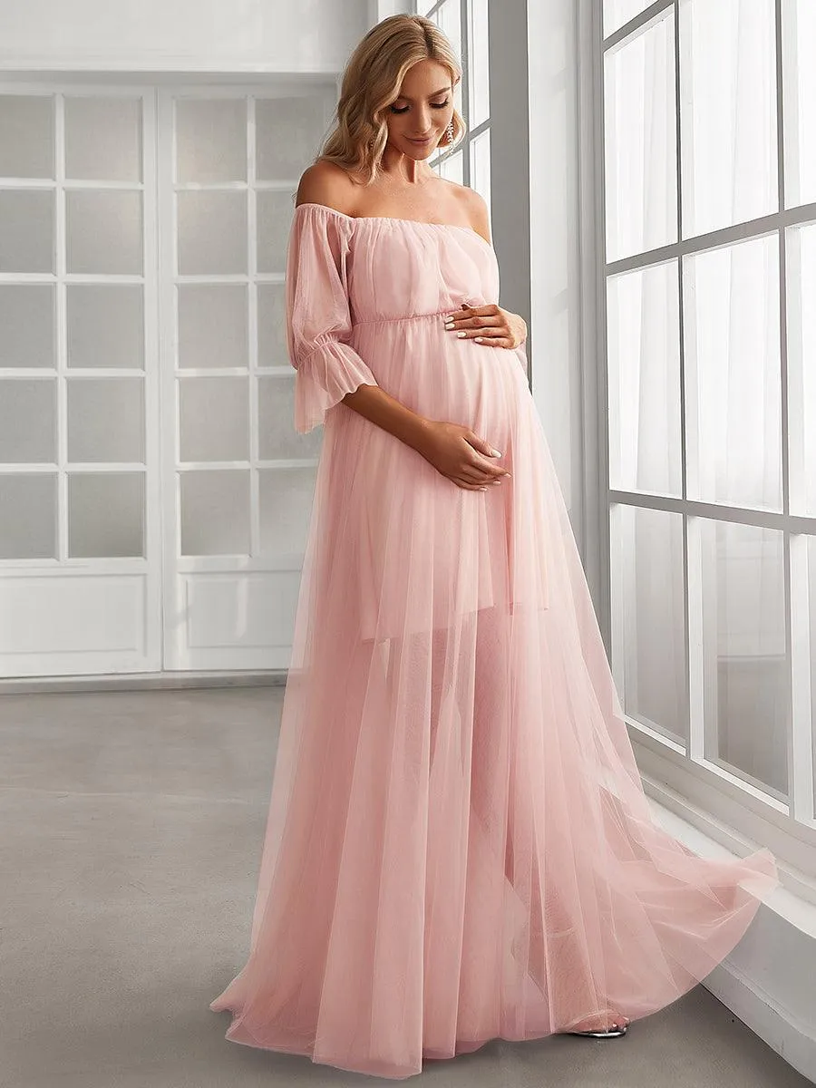 Maxi robe de maternité en tulle plissé à épaules dénudées