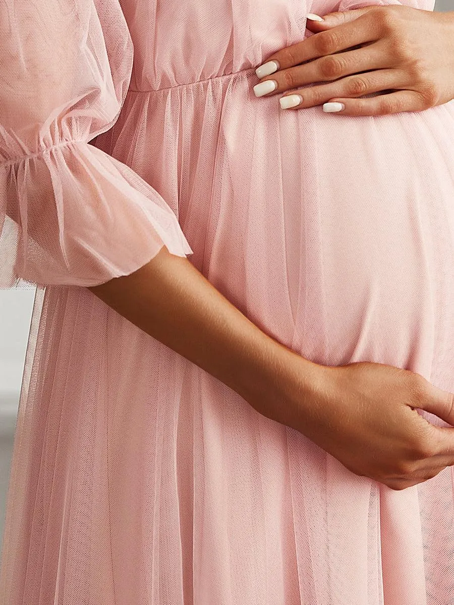 Maxi robe de maternité en tulle plissé à épaules dénudées