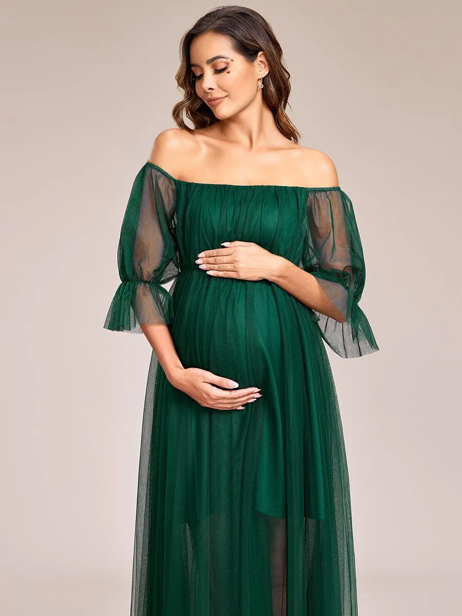 Maxi robe de maternité en tulle plissé à épaules dénudées