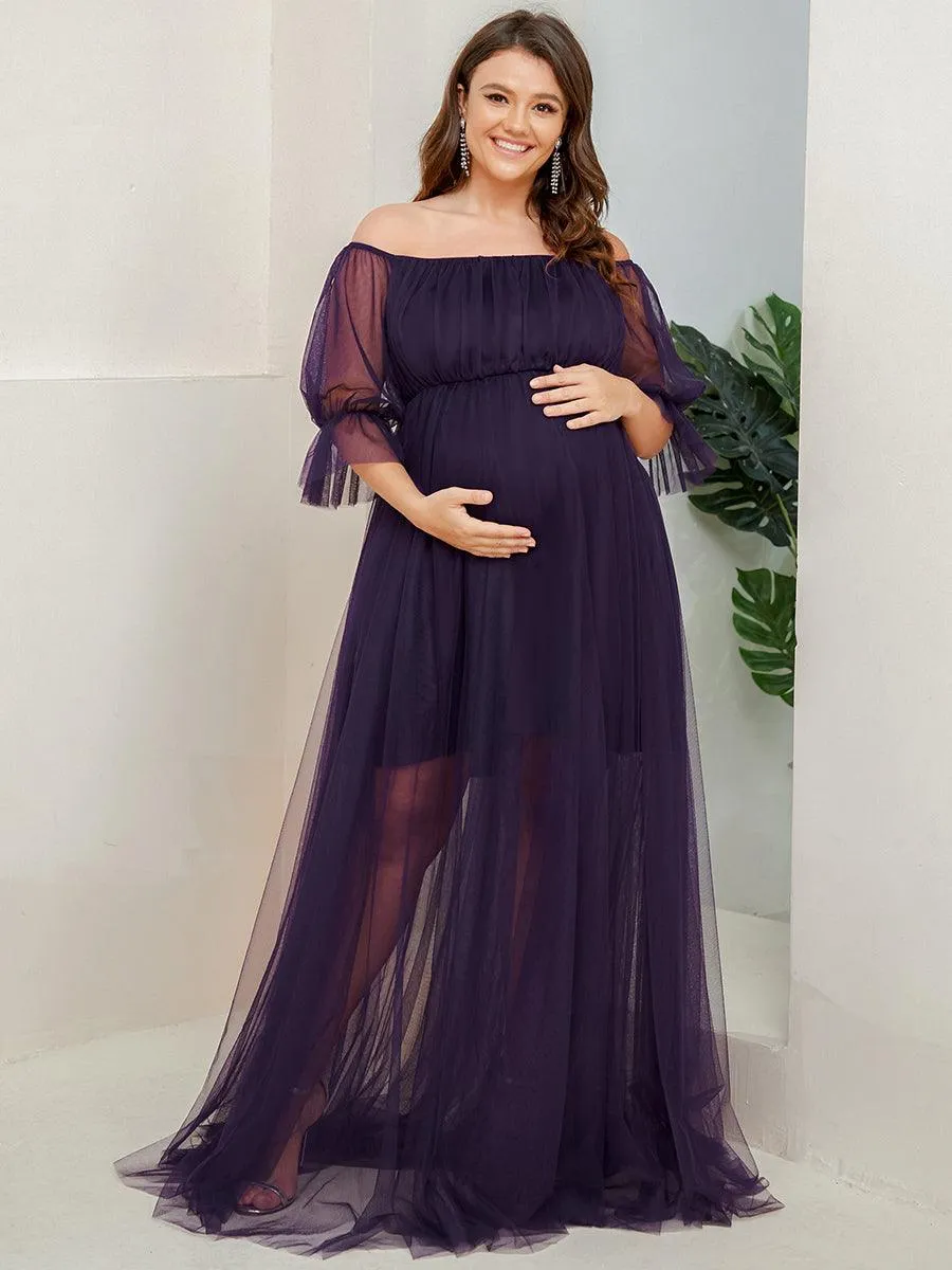 Maxi robe de maternité en tulle plissé à épaules dénudées