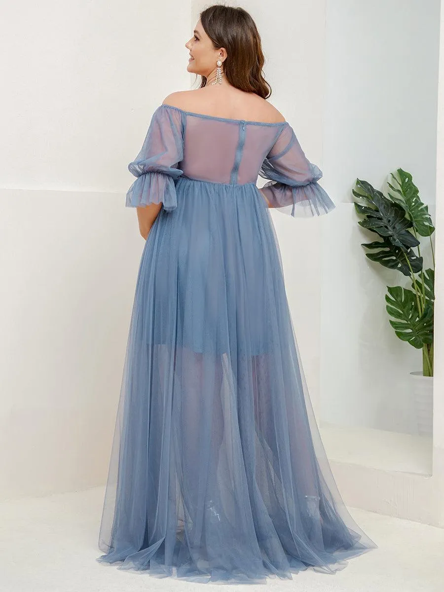 Maxi robe de maternité en tulle plissé à épaules dénudées
