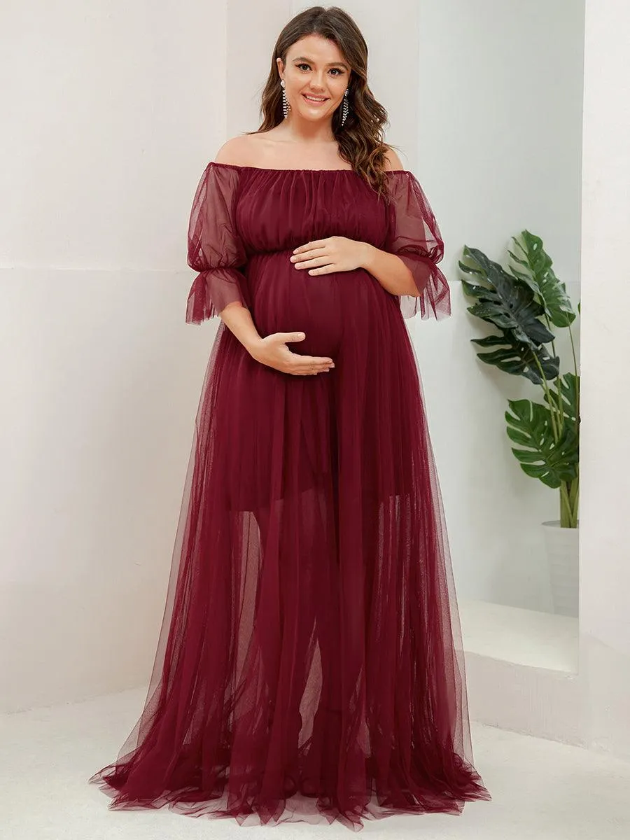 Maxi robe de maternité en tulle plissé à épaules dénudées
