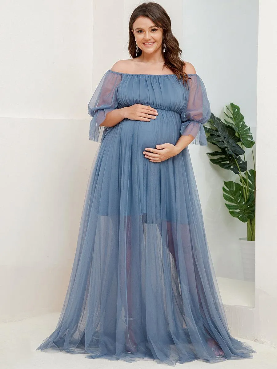 Maxi robe de maternité en tulle plissé à épaules dénudées
