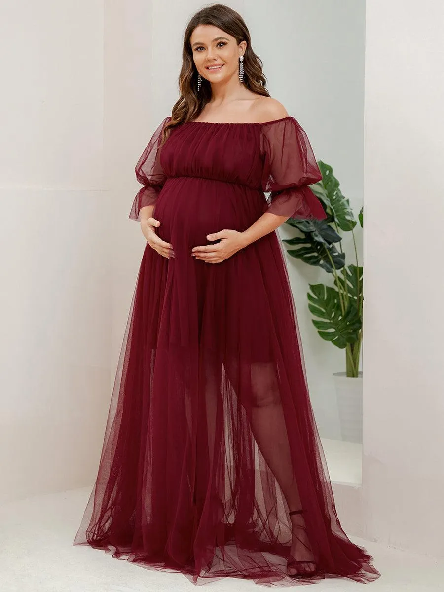 Maxi robe de maternité en tulle plissé à épaules dénudées