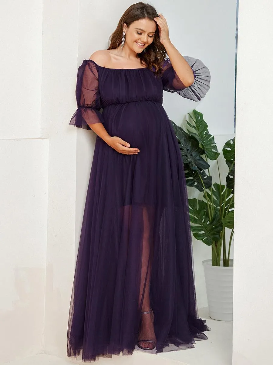 Maxi robe de maternité en tulle plissé à épaules dénudées