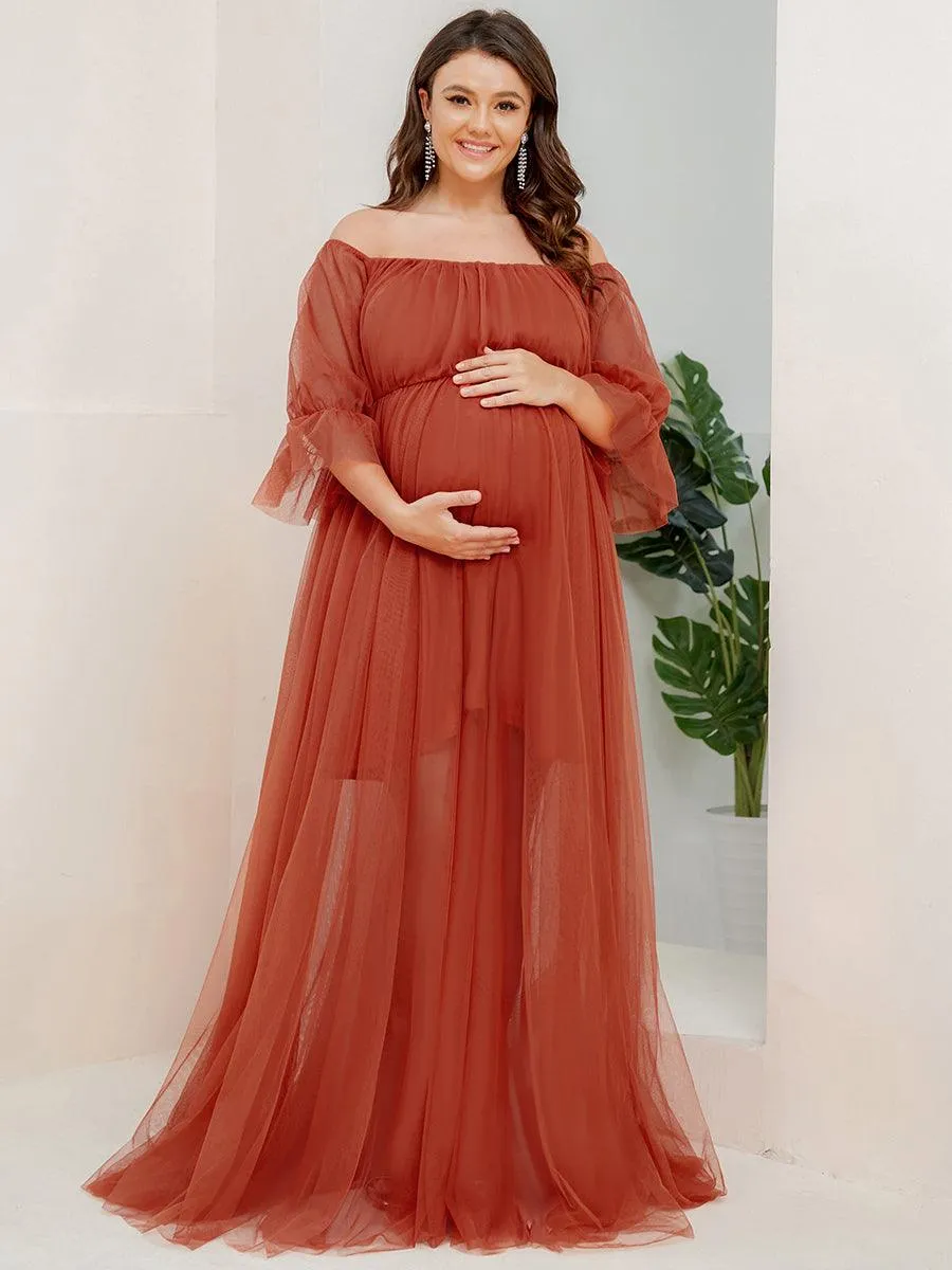 Maxi robe de maternité en tulle plissé à épaules dénudées