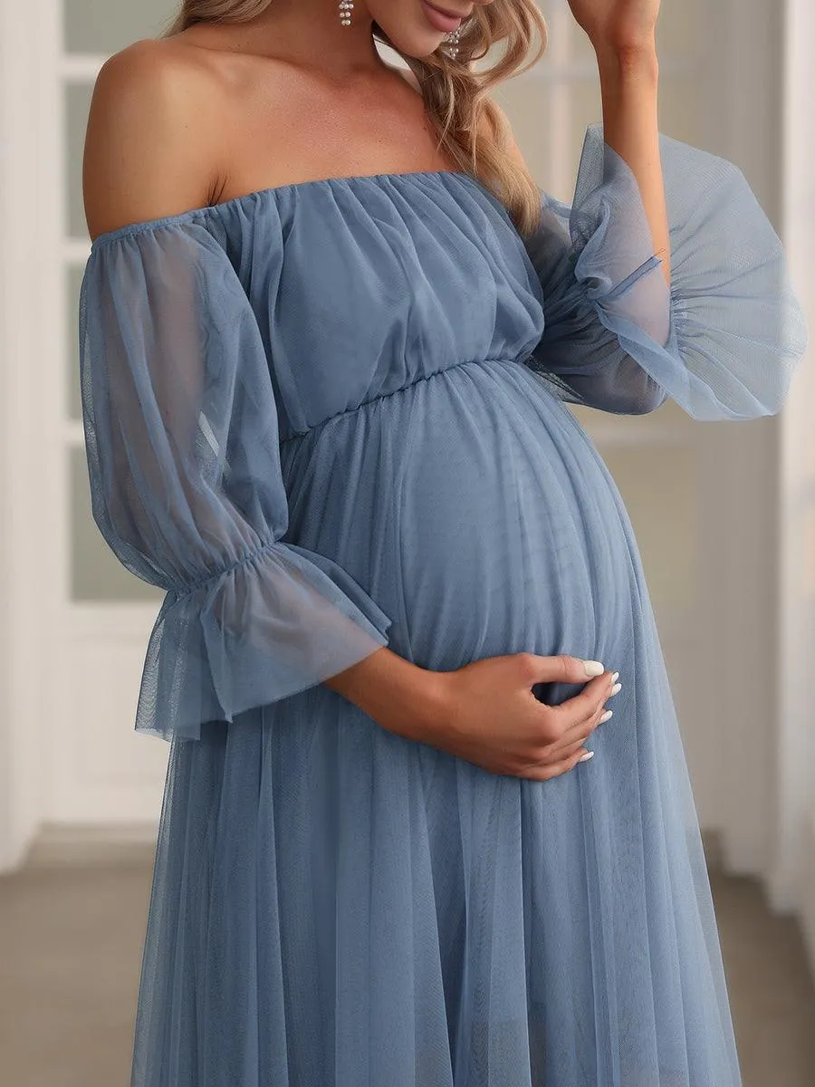 Maxi robe de maternité en tulle plissé à épaules dénudées