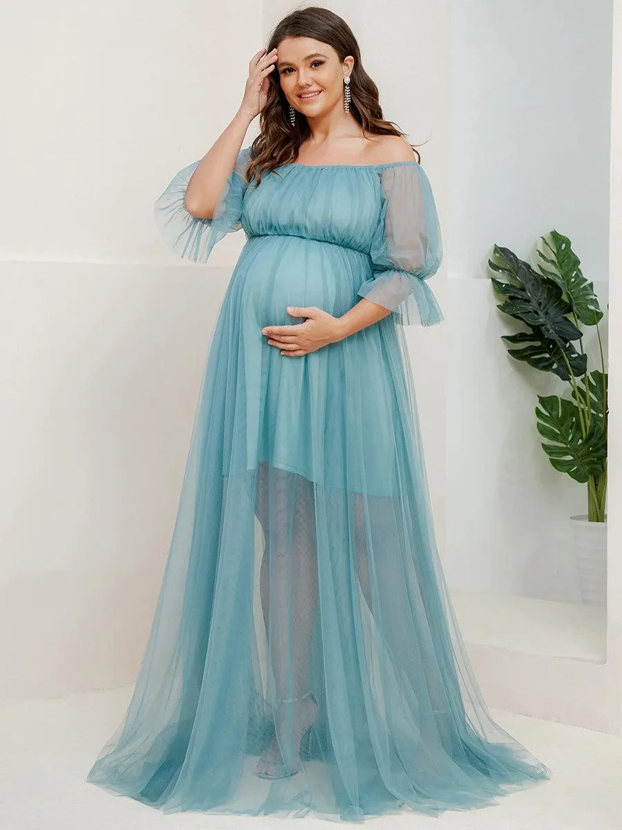 Maxi robe de maternité en tulle plissé à épaules dénudées