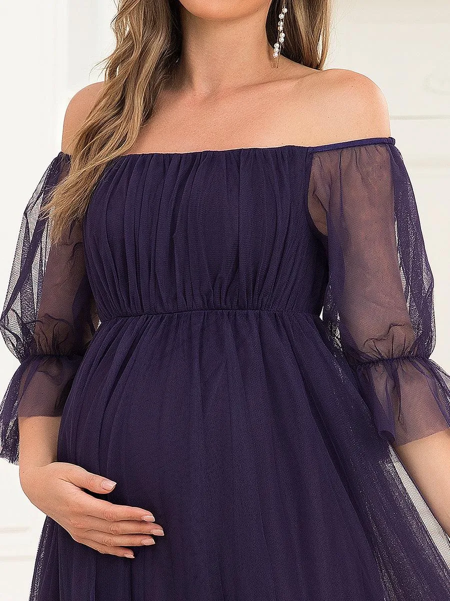 Maxi robe de maternité en tulle plissé à épaules dénudées